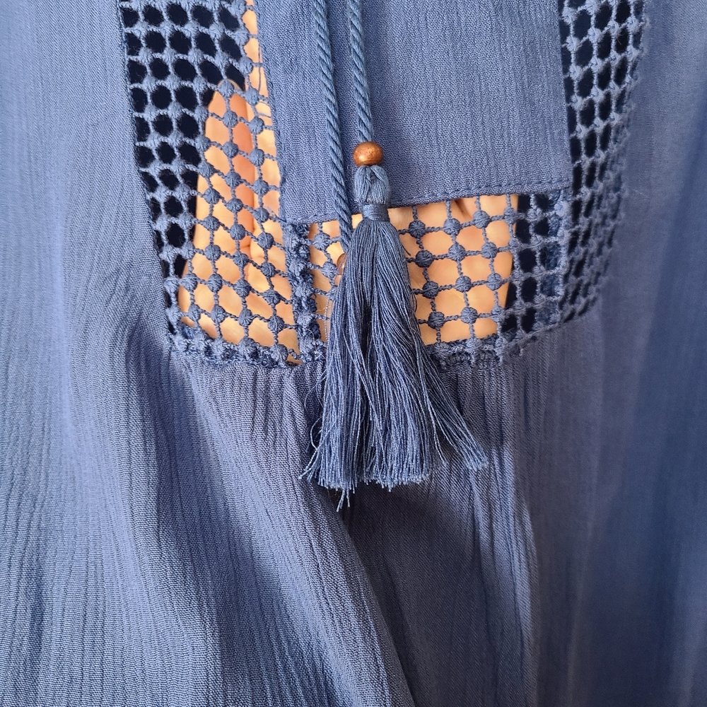 Joseph A. Crochet Detail Blouse Size X-Large Deep Sapphire Blue Tassel Ties NEW - Picture 7 of 7